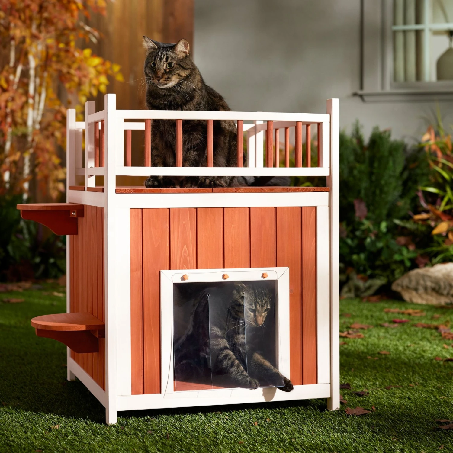 Frisco Outdoor Wooden Cat House With Elevated Balcony Steps 1 Frisco Outdoor Wooden Cat House With Elevated Balcony Steps
